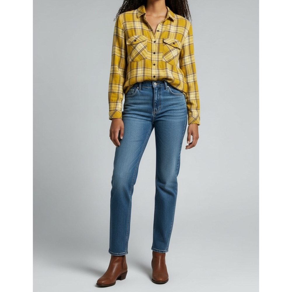 Sanctuary Yellow Plaid Snap Button Boyfriend Shirt Roll Tab Sleeve Small